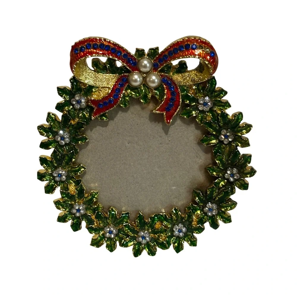 Christmas Wreath Picture Frame Enameled Rhinestone Pearl Holly Gold Tone 4.5in